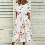 CALAFEBILA Sun Dresses for Women 2025 Short Sleeve Floral Midi Sun Dress A-Line Pleated Pockets Long Womens Dresses